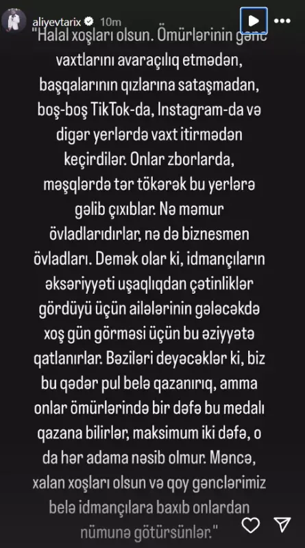 “Gənclərimiz belə idmançılardan nümunə götürsünlər”