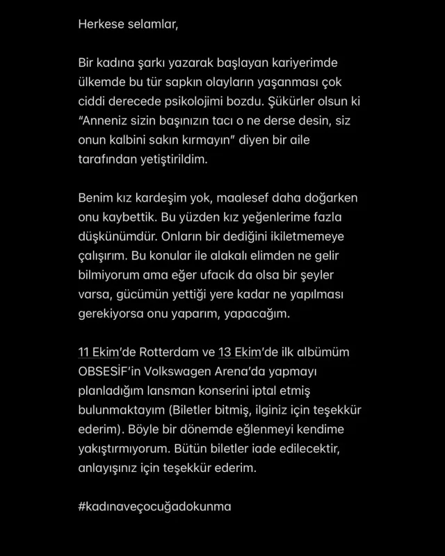 Qadın cinay*tlərinə görə konsertini təxirə saldı