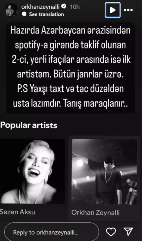 “Spotify”dakı uğurunu paylaşdı