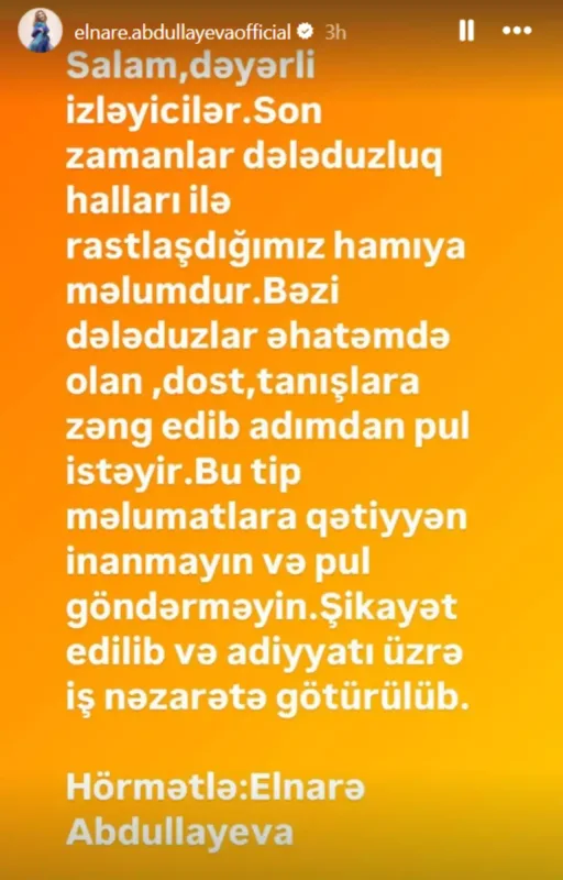 Elnarə Abdullayevanın adından dələduzluq!