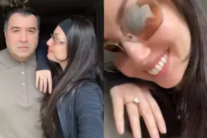 Əri ilə qucaqlaşıb, brilliant üzüyünü göstərdi