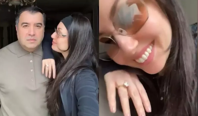 Əri ilə qucaqlaşıb, brilliant üzüyünü göstərdi