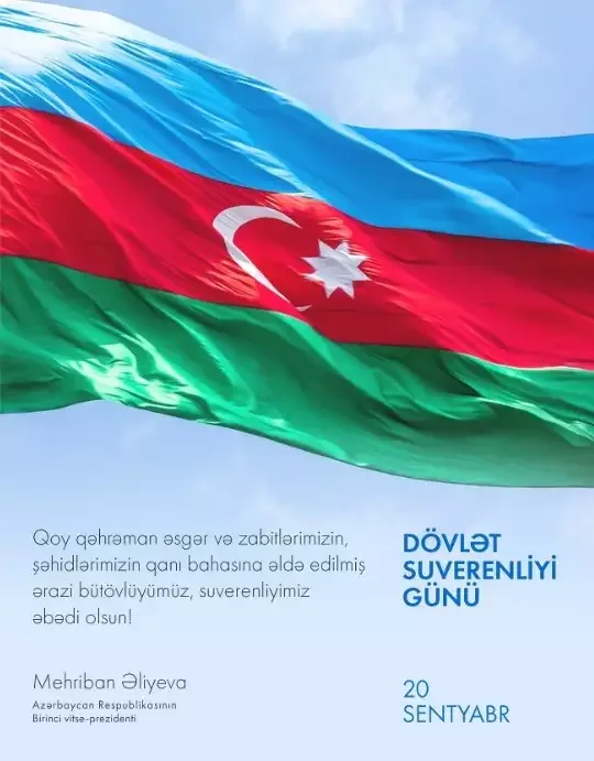 Mehriban Əliyevadan Dövlət Suverenliyi Günü ilə bağlı paylaşım