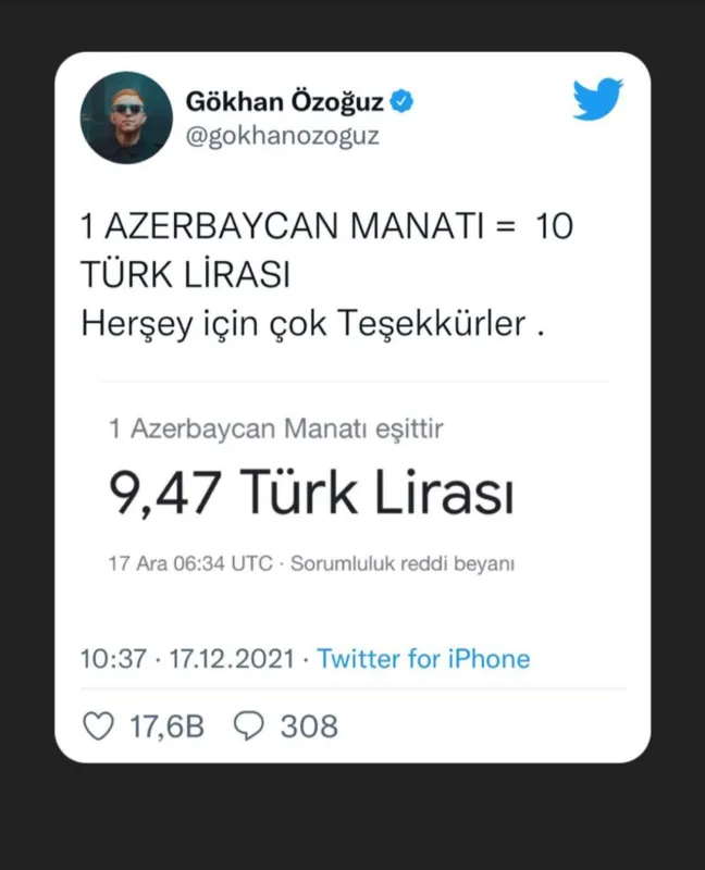 Manatı lirə ilə müqayisə edib lağa qoydu