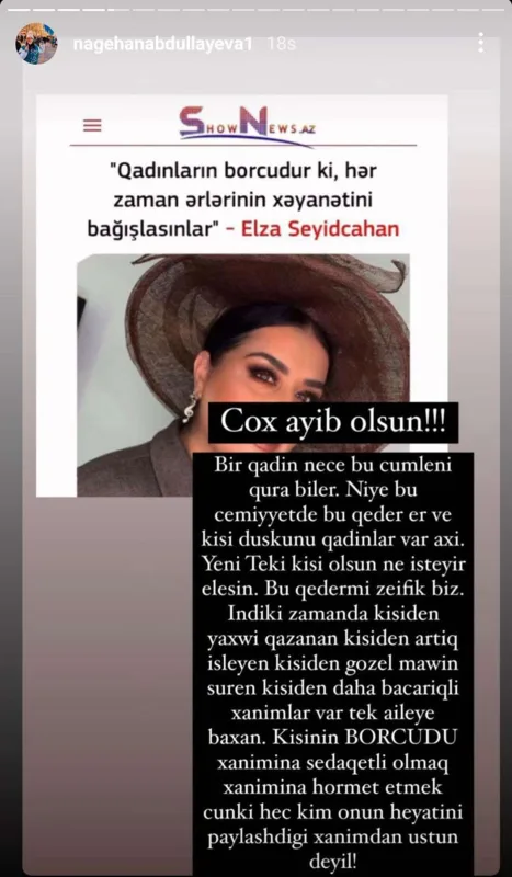 Xəyanətə haqq qazandıran Elzanı tənqid etdi