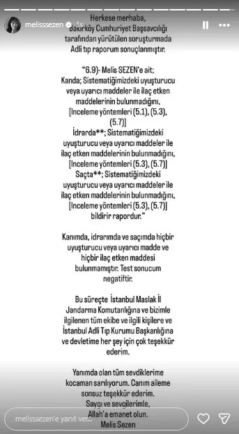 Narkotik testinin nəticəsi məlum oldu