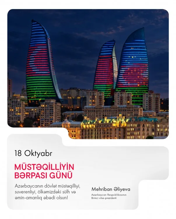 Mehriban Əliyevadan Müstəqilliyin Bərpası Günü ilə bağlı paylaşım - Foto