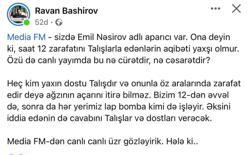 Aparıcı zarafatına görə talışlardan üzr istədi - Yenilənib