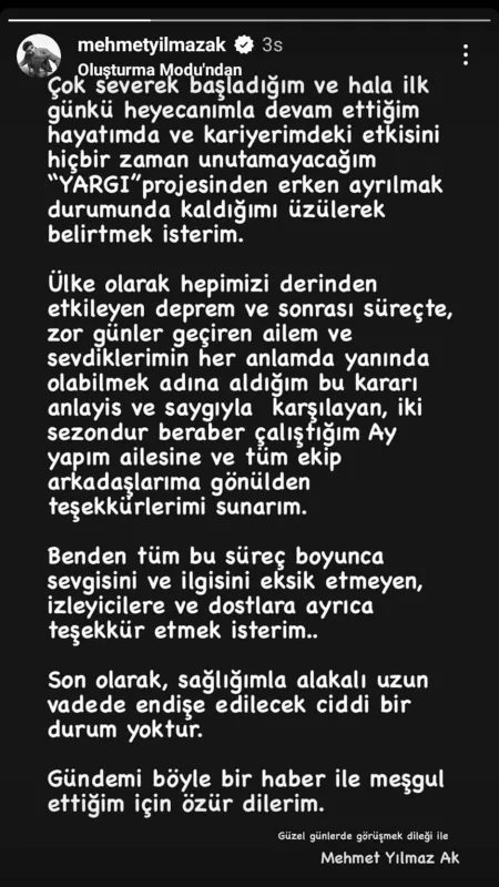 “Yarqı” aktyorundan ayrılıq açıqlaması