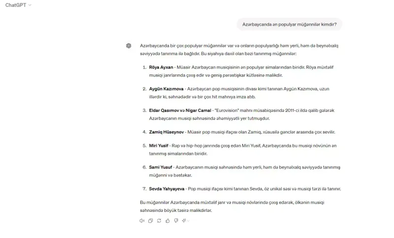 Süni intellektə görə Azərbaycanın populyar müğənniləri kimlərdir?