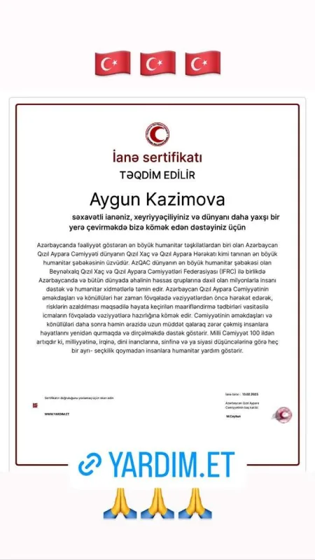 Aygün Kazımovadan zəlzələ qurbanlarına yardım!