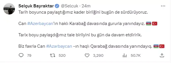 Selçuk Bayraktardan Qarabağla bağlı paylaşım