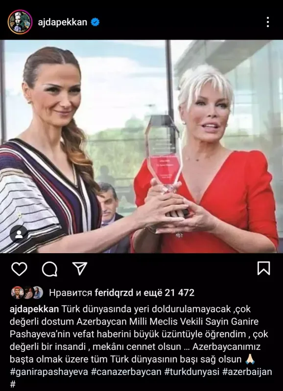 Ajda Pekkan və Oktay Kaynarcadan Qənirə Paşayeva ilə bağlı paylaşım