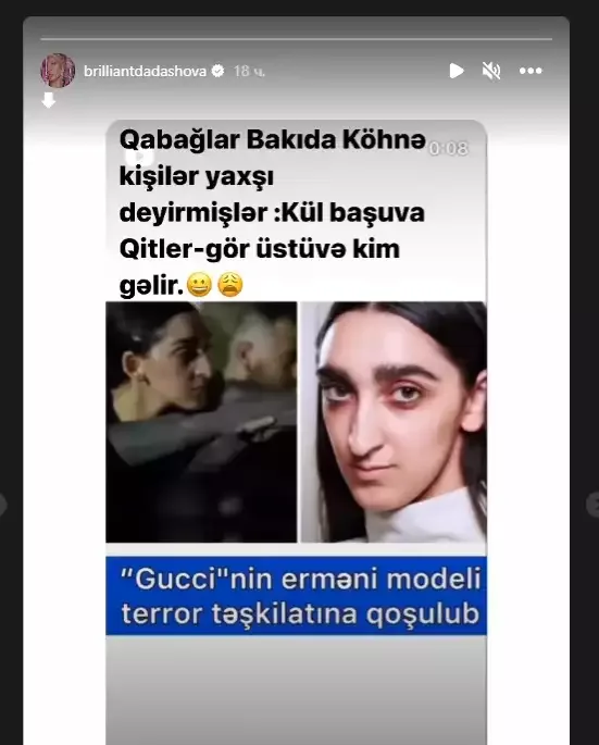 Brilliant erməni modeldən yazdı: "Gör üstünə kim gəlir"