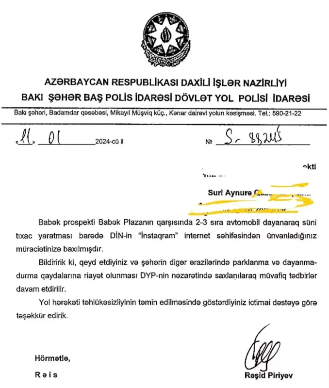 Nura Suri tıxacdan yazdı, polis hərəkətə keçdi